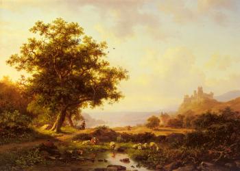 Frederik Marianus Kruseman : An Extensive River Landscape With A Castle On A Hill Beyond